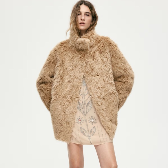 H&M Jackets & Blazers - Stand-Up Collar Faux Fur Coat, H&M, Dark Beige, M